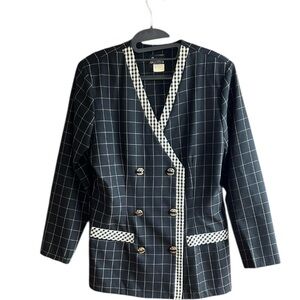 Jenny vintage black tan grid design  gingham trim double breasted blazer Sz 12